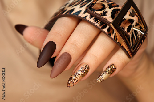 Luxurious multicolored manicure with animal design on long nails. photo