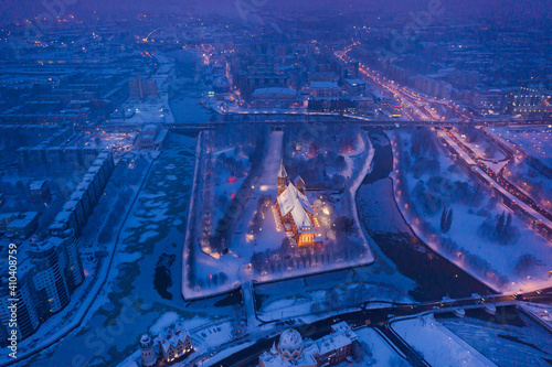 Aerial view of the Cathedral in Kaliningrad in the winter, sunrise time