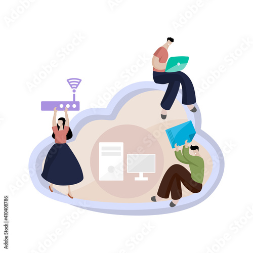 Cloud computing technology online working and communication via internet network concept illustration flat design vector
