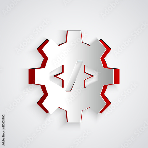 Paper cut Web design and front end development icon isolated on grey background. Paper art style. Vector.