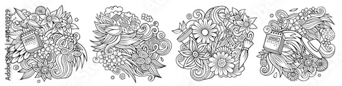 Spring cartoon vector doodle designs set.