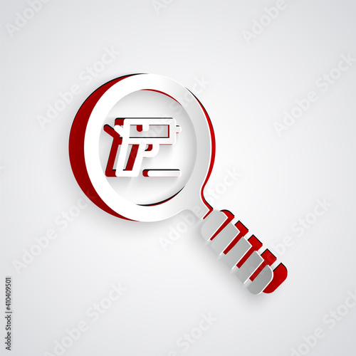 Paper cut Pistol or gun search icon isolated on grey background. Police or military handgun. Small firearm. Paper art style. Vector.