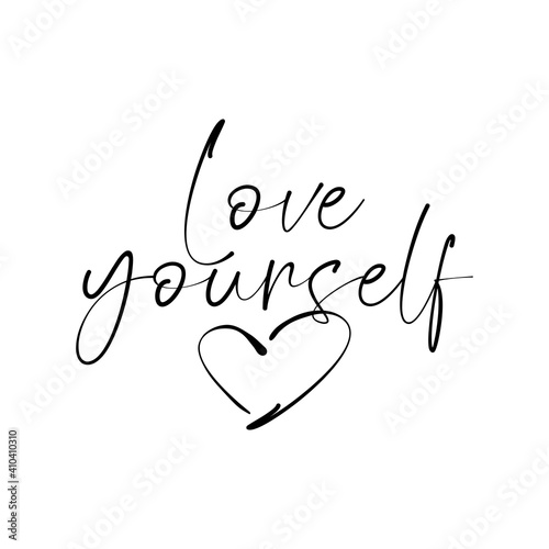 Love yourself quote. Self-care Single word. Modern calligraphy text love yourself Care. Design print for t shirt, pin label, badges, sticker, greeting card, banner. Vector illustration. Love Yourself