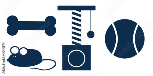 Vector set of icons for pet shop. Toys, scratching post, ball, bone for cats and dogs isolated on white background for postcard, logo, business card