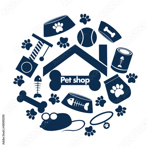 Vector set of icons for pet shop. Bowl, scratching post, toys, food for cats and dogs in round isolated on white background for postcard, logo, business card