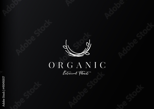 Floral Bird Nest Logo Design Template. Floral Twig Icon Line Art Vector