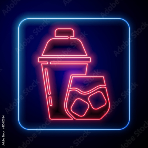Glowing neon Cocktail shaker with cocktail glass icon isolated on blue background. Vector.