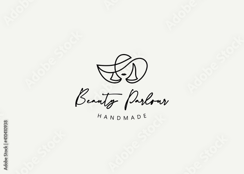 Beauty Woman Logo Design Template. Woman Floppy Hat Icon Line Art Vector