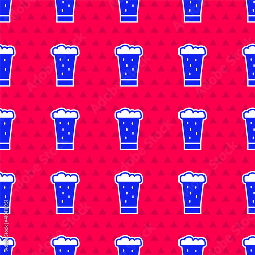 Blue Glass of beer icon isolated seamless pattern on red background. Vector.