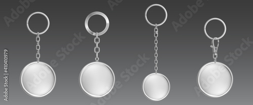 Silver keychain, holder trinket for key with metal chain and ring. Vector realistic template of steel fobs round circle shape isolated on transparent background. Blank accessory for corporate identity