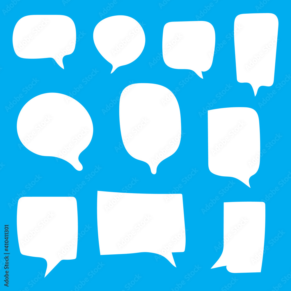 blank white speech bubbles set with different hand drawn shape isolated on blue background