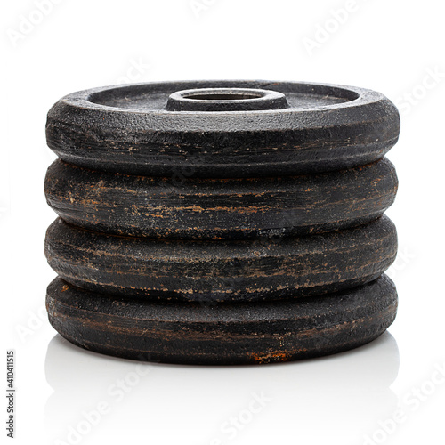 Weight discs in stack isolated on white background