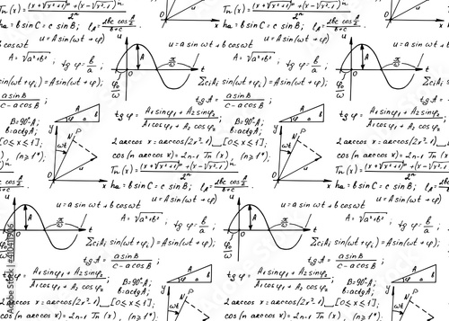 Vintage education background. Trigonometry law theory and mathematical formula equation on whiteboard. Vector hand-drawn seamless pattern.