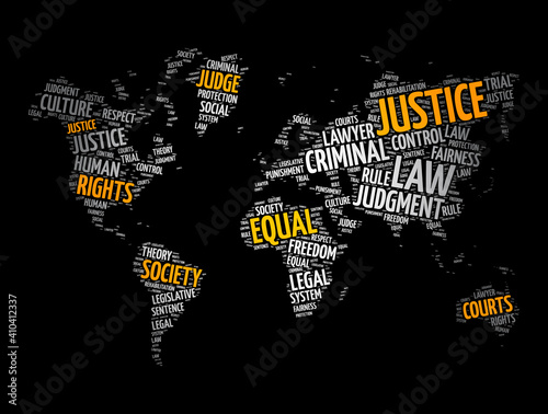 Justice word cloud in shape of world map, law concept background