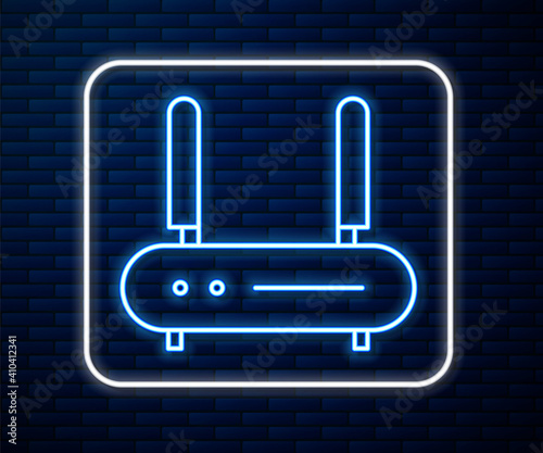 Glowing neon line Router and wi-fi signal icon isolated on brick wall background. Wireless ethernet modem router. Computer technology internet. Vector Illustration.