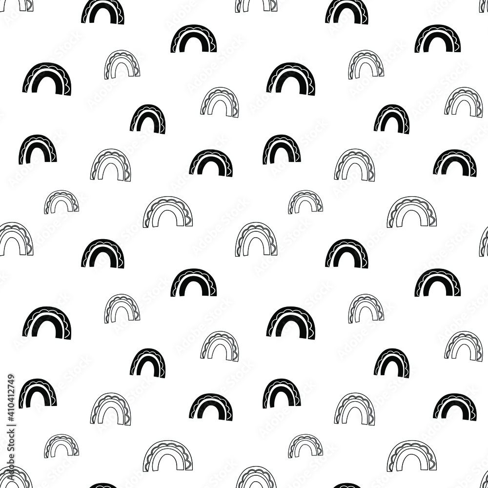 Rainbow seamless pattern, black and white hand-drawn arc doodle digital paper, abstract rainbows repeating background, the monochrome band of color vector wallpaper, cute bow decorative element Rainbow seamless pattern, black and white hand-drawn arc doodle digital paper, abstract rainbows repeating background, the monochrome band of color vector wallpaper, cute bow decorative element