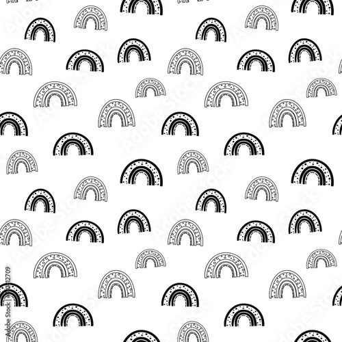 Rainbow seamless pattern, black and white hand-drawn arc doodle digital paper, abstract rainbows repeating background, the monochrome band of color vector wallpaper, cute bow decorative element