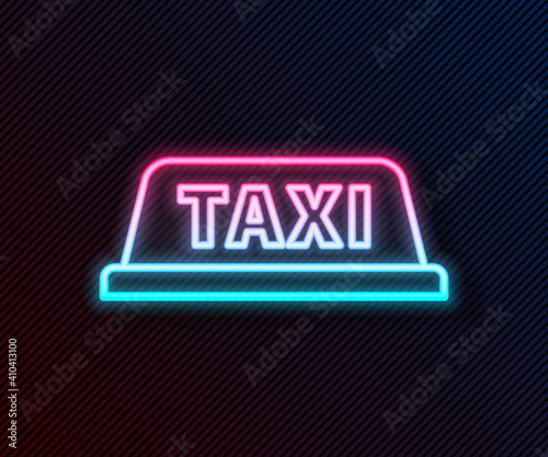 Glowing neon line Taxi car roof icon isolated on black background. Vector Illustration.