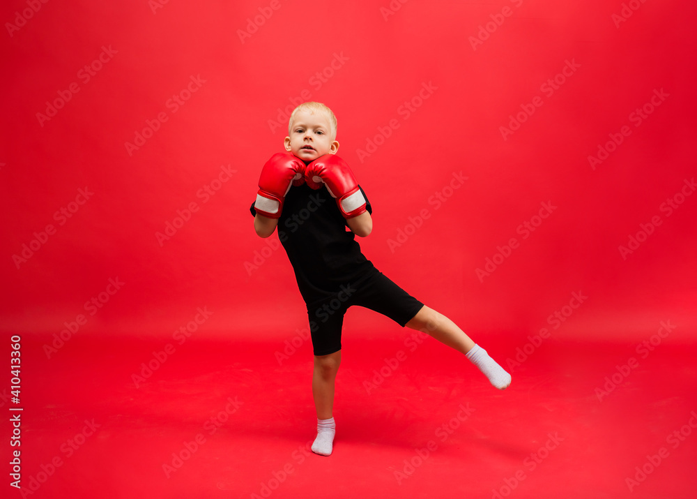 toddler boy boxer stands in a stand wearing red boxing gloves on a red background with space for text