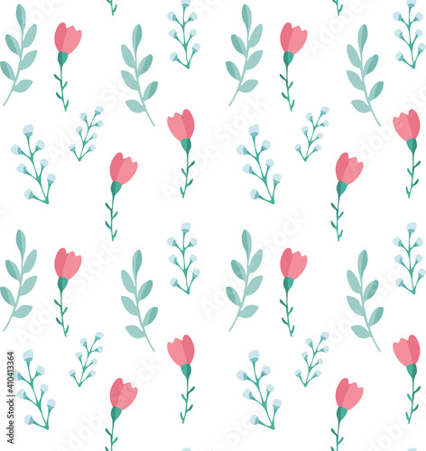 Seamless pattern with flowers and twigs, endless texture for seasonal spring or summer design. Vector hand drawn illustration. Cartoon style.
