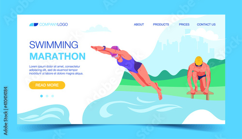 Launch landing page template. Diving man, guy at the marathon, front view. The girl in the jump. Illustration for marathon, swimming, training, sports exercises. Vector illustration in a flat style.