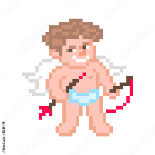 Pixel art cupid with bow and arrow isolated on white background. Valentine s day 8 bit character. Boy angel. February 14 mascot. Old school vintage retro 80s-90s slot machine  video game graphics.