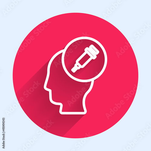 White line Addiction to the drug icon isolated with long shadow. Heroin, narcotic, addiction, illegal. Sick junkie with a syringe and medical pills. Red circle button. Vector.