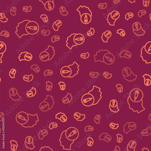 Brown line Addiction to the drug icon isolated seamless pattern on red background. Heroin, narcotic, addiction, illegal. Sick junkie with a syringe and medical pills. Vector.