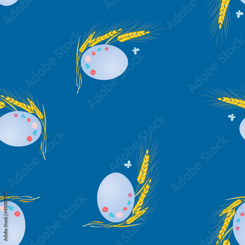 Seamless pattern of blue decorative Easter eggs and ears of ripe wheat