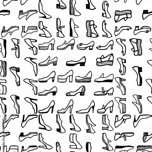 Seamless pattern of outlines various models female shoes