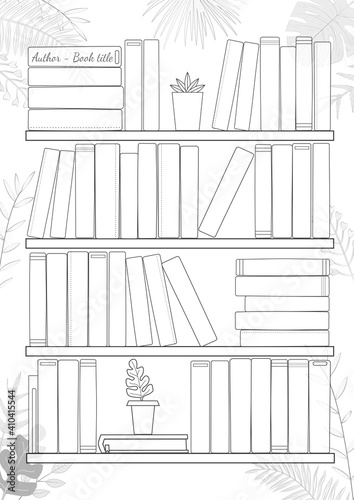 Printable A4 paper sheet with bookshelves and books on background with tropical leaves. Minimalist planner of reading for journal page, habit tracker, daily planner template, blank for notebook.