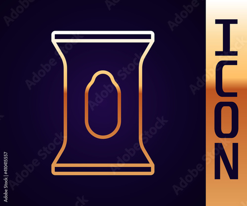 Gold line Wet wipe pack icon isolated on black background. Vector.