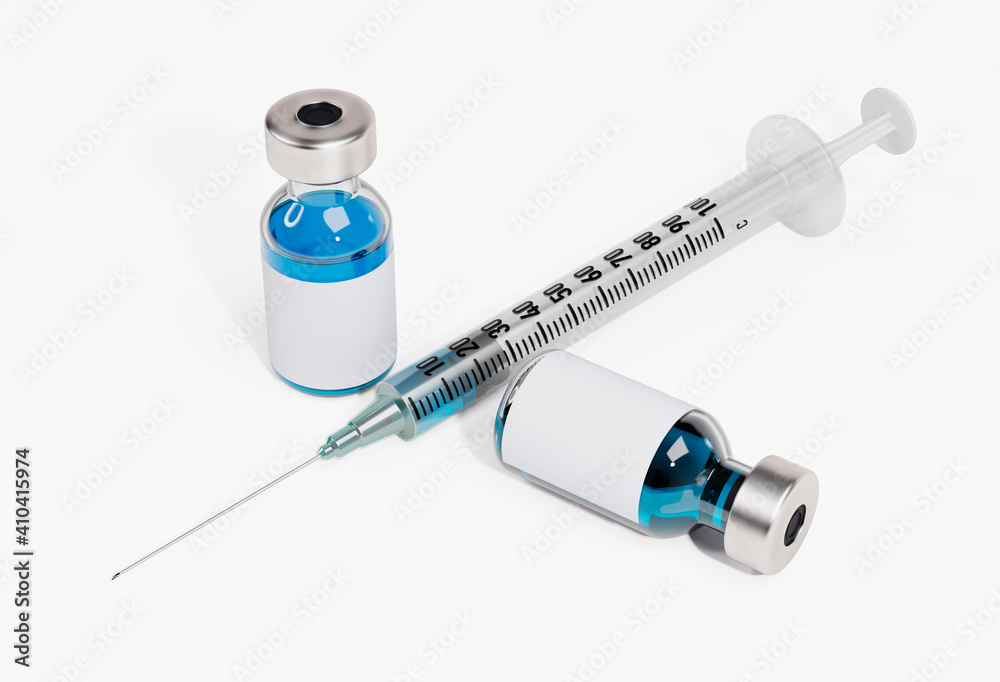 Vaccine Bottles and Syringe isolated on White Background. Medical Concept. 3D illustration