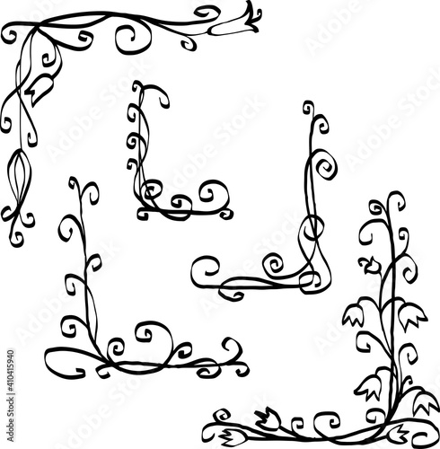 Set of decorative drawn corners with flowers and swirls
