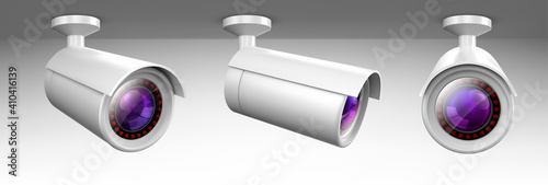 Security cam, cctv video camera, street observe surveillance equipment front and side angle view. Secure guard eye and crime prevention isolated on white background. Realistic 3d vector illustration