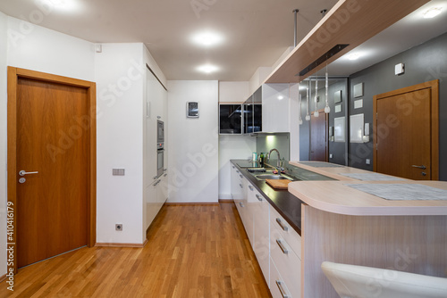 Contemporary interior of kitchen in luxury flat.