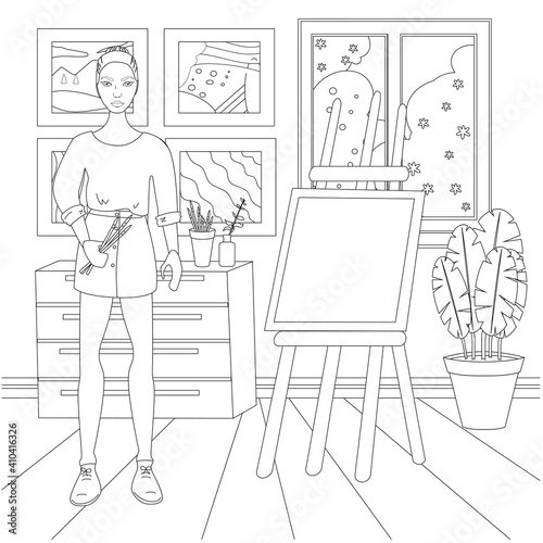 Doll artist with easel in workshop, coloring page for kids and adults, simple vector illustration