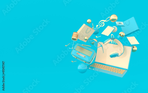 Laptop, smartphone, shopping bag, glasses, microphone, radio, headphones 3d rendering.  Remote work, stay at home, leisure and hobby on isolation symbols