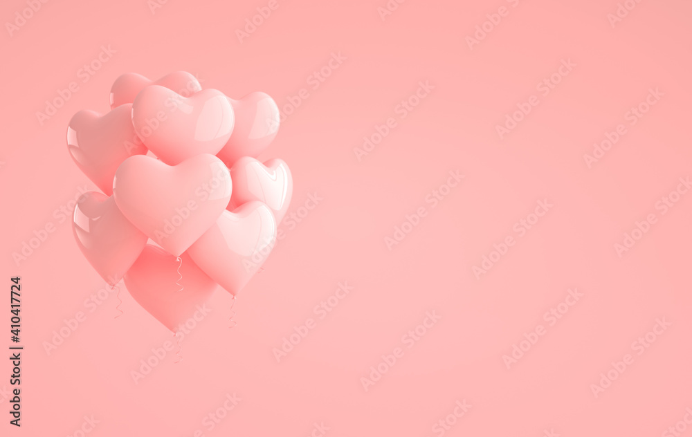 Pink glossy shiny balloons, heart shape on pastel pink background with reflection effect. Saint Valentine's day greeting card February 14 design. Love, wedding marriage ceremony celebration. 3d render