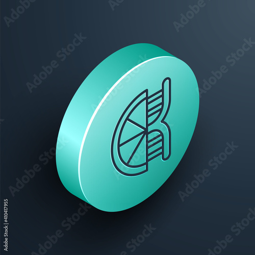 Isometric line Genetically modified citrus fruit icon isolated on black background. Orange in a cut. Healthy lifestyle. GMO fruit. Turquoise circle button. Vector.