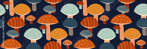 Creative forest colorful mushrooms on dark blue background. Stylized fantasy mushroom print. Perfect design for wallpaper, fabrics, covers... Abstract Vector illustration. 