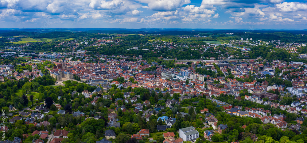 Aerial view of old town of the city Coburg in Germany, Bavaria on a spring noon.	