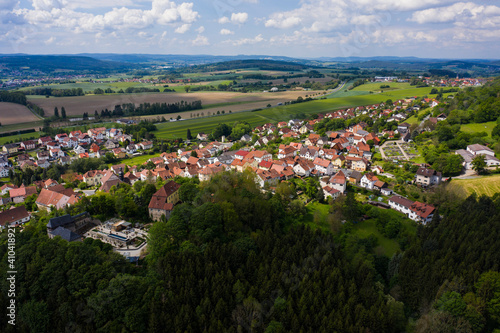 Aerial view of the city and castle Theisenort close to Küps in Germany on a sunny day in spring. 