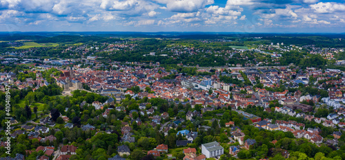 Aerial view of old town of the city Coburg in Germany, Bavaria on a spring noon. 