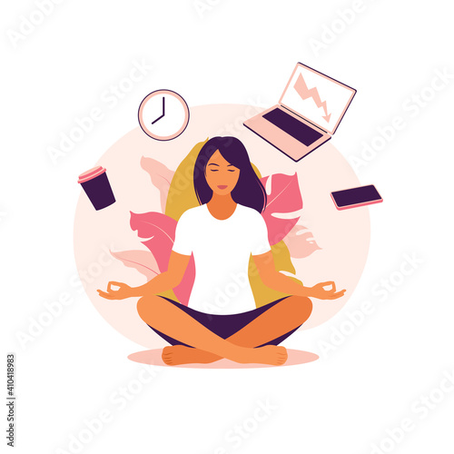 Business woman practicing meditation and yoga with office icons on the background. Time management concept. Vector illustration. Flat.