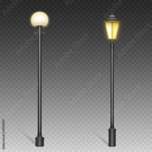 Vintage street lights, retro lampposts on steel poles for urban lighting. City architecture design objects with luminous yellow lamps isolated on transparent background, realistic 3d vector mockup