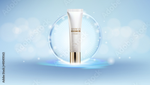 Cosmetics Lotion Bottle Whit White and Blue Spherical Elegant on Blue Upon Water.Bokeh Background.3D illustration.