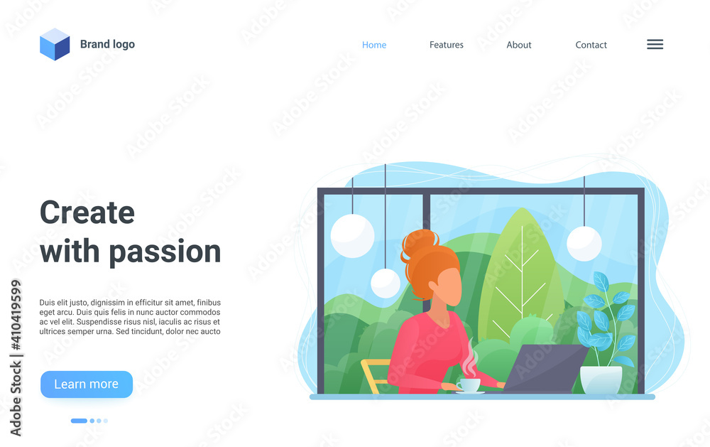 Create with passion concept vector illustration. Cartoon creator woman character sitting with laptop at modern workplace interior, working and creating content, creative landing page flat design