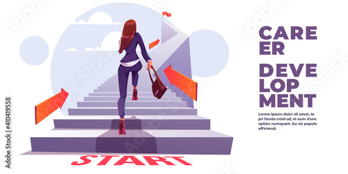 Career development banner. Concept of self build career, personal growth, professional progress. Vector landing page with cartoon illustration of business woman run up stair to top