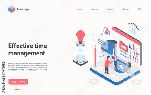 Effective time management isometric vector illustration. Cartoon 3d employee manager character working to organize and control time for work tasks in office, success business planning landing page